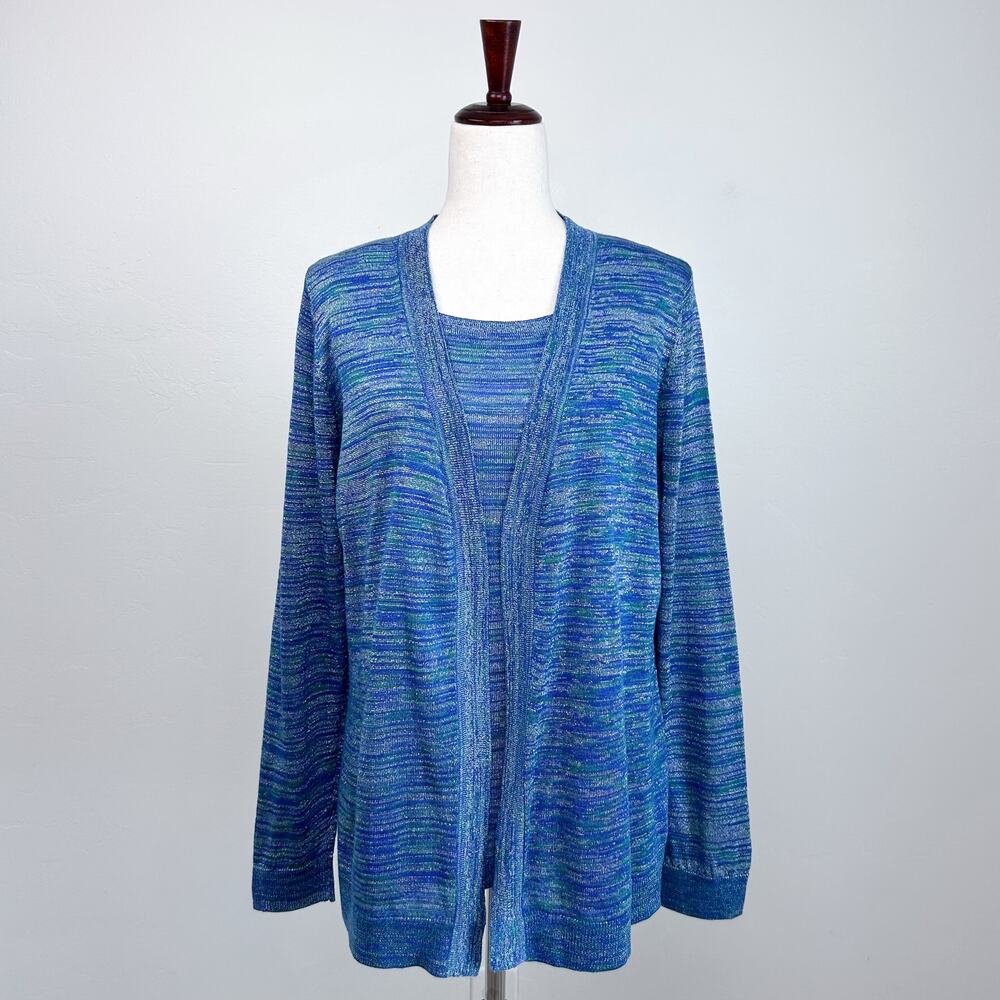 Chico's LARGE Metallic Blue Grotto Ophelie Matching Set Tank Cardigan Set NWT